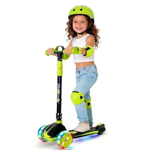 Nattork Kids Scooter for Age 3-8, Toddler Scooter with 4 Adjustable Height for Boys & Girls, Light Up 3-Wheels Foldable Kick Scooter, Lean to Steer, 120LB Weight Capacity Green
