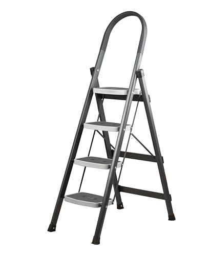 Image of CLEAN IN 4 Step Premium Foldable Household Steel Ladder ~ for Home, Garage, Kitchen. Wide & Anti-Skid Steps, 150 kg Load Capacity, Reinforced Hinges ~ (Shades of Grey)