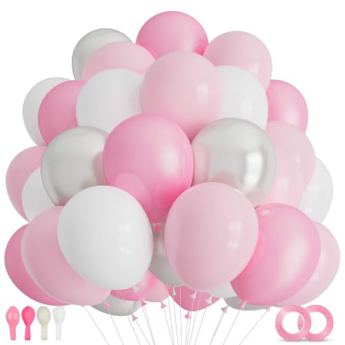 Image of Pink and White Balloons 12 inch 50Pcs Pearl Light Pink Balloons for Wedding Bridal Baby Shower Birthday Party Decorations
