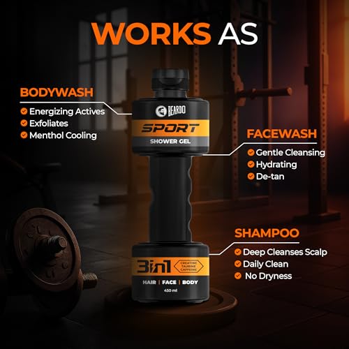 Image of Beardo Sport 3-in-1 Body Wash Shower Gel for Men | Facewash + Shampoo + Exfoliating Bodywash | For Deep Cleansing, Detan & Cooling | Sports Shower Gel for Men | 450 ml