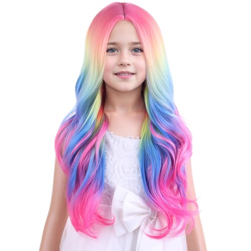 MAGQOO Rainbow Wigs for Kids Fun Wigs Child Long Curly Wavy Colorful Wig Synthetic Heat Resistant Halloween Cosplay Costume Party