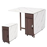 zenHarmet Foldable Space Saving Dining Table Extendable, Folding Dining Table with Storage and Wheels 2-Layers, Versatile Drop Leaf Table Modern for Living Room, Kitchen, RV Campers (Walnut)