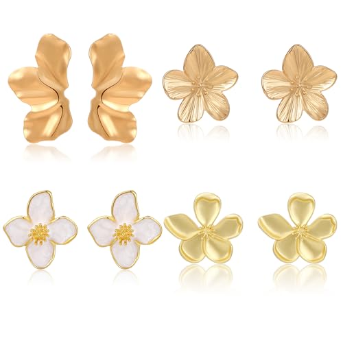 Gold Flower Earrings Floral Petal Stud Earrings Statement Earrings for Women 4 Pairs