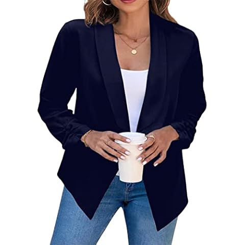 WIWIQS Women's Solid Color Plus Size Work Blazers Long Sleeve Formal Blazers Lightweight Open Front Blazer Navy Blue 3XL Cover