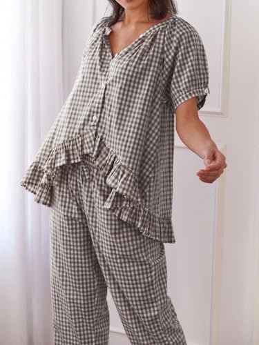 Image of codcm Womens Gingham Pajama Set 2 Piece Short Sleeve Babydoll Shirt and Pants Lounge Set Cute Sleepwear