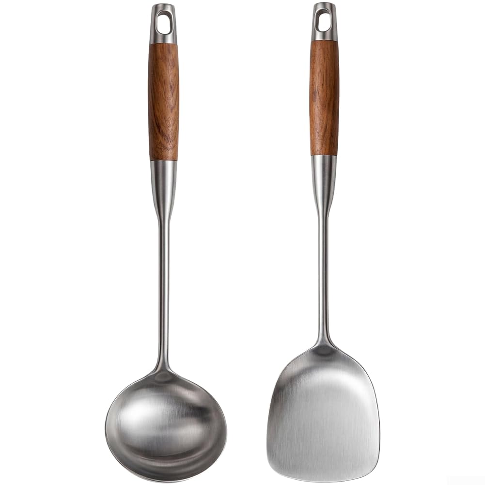 Set di 3 spatole di alta qualità in acciaio inox 316L, manico in legno, antiaderenti, per arrostire, posate da cucina durevoli, 35 cm