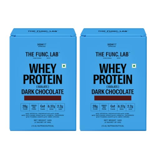 Image of The Func. Lab Whey Protein Isolate - Dark Chocolate Travel Packs | (4 * 35g Sachets) Pack of 2 | Grass‑Fed, 28g Protein per Sachet | High Protein Supplement with Digestive Enzymes for better Absorption