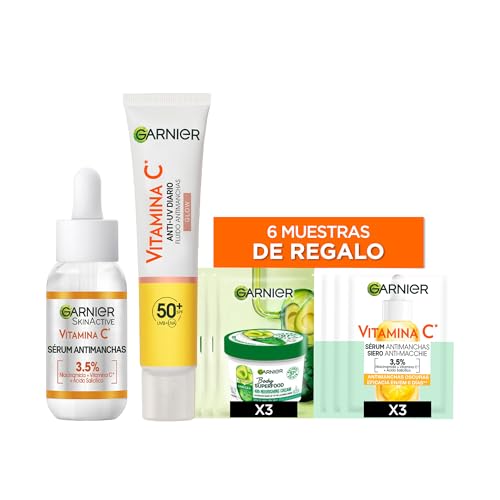 Garnier Vitamina C Pack rutina Antimanchas, Crema Fluida UV Diaria Iluminadora FPS50+ 40 ml, Garnier Sérum Anti Manchas con Vitamina C y Niacinamida 30 ml, Muestras Regalo
