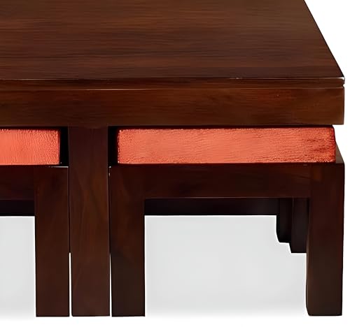 Image of Loonart Solid Sheesham Wood Coffee Table with Four Cushioned Stools | Idel for Living Room | Cafe | Restaurant | Space Saving Indoor Table Set | Finish Color - Natural Teak Finish | Pink Cushion |