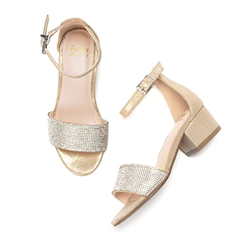 FUNKYMONKEY Girls Low Heels Sandals Open Toes with Ankle Strap Rhinestone Dress Shoes for Kids4