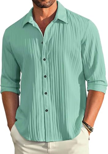 Image of DEELMO Men's Casual Button Down Shirts Long Sleeve Linen Shirt Fashion Textured Beach Summer Shirt