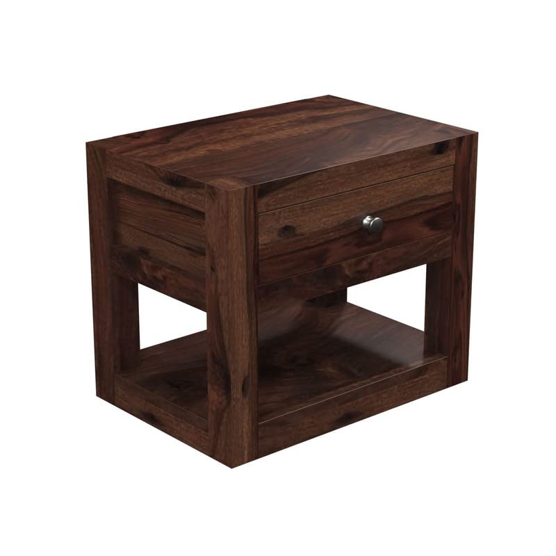 Image of Solid Wood Sheesham End Table with 1 Drawer and 1 Open Shelf Modern Design - Walnut Finish
