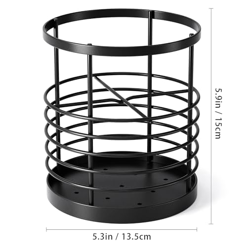 Image of WDT Tool Utensil holder for Kitchen Counter - 5.2 inch x 5.2 inch x 6 inch Large Round Utensils Holder with Wooden Base Matte Black Cooking Utensil Holder，Kitchen countertop Utensil Organizer (Metal-1)