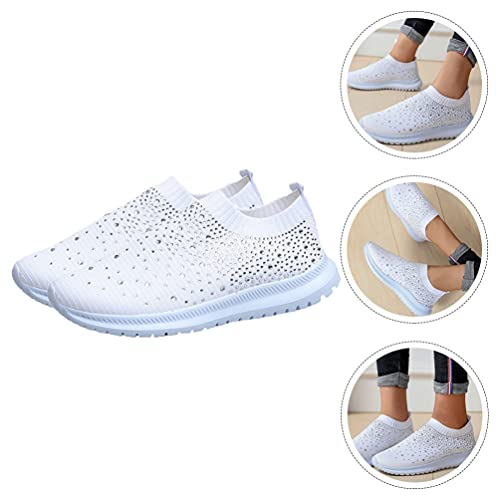 Womens Loafers Rhinestone On Sneakers Breathable Sock Shoes Mesh Walking Running Sports Shoes Platform Sneakers White3