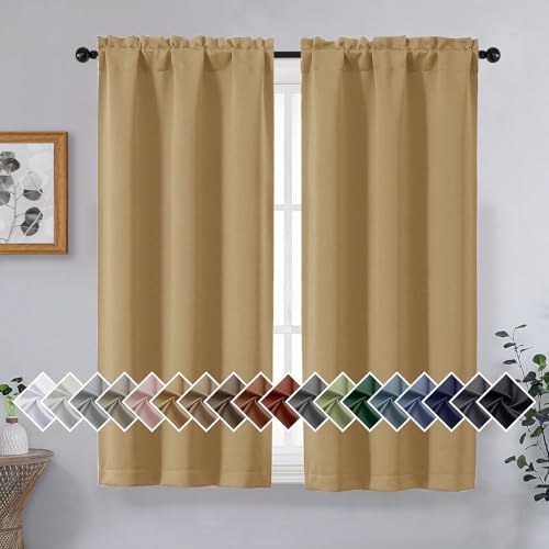 Image of Gold Short Blackout Curtains for Bedroom 45 Inches Long 2 Panels Set, Solid Thermal Insulated Blackout Curtains, Energy Saving Soft Fabric Window Drapes, Dual Rod Pocket, 2x40Wx45L Inches