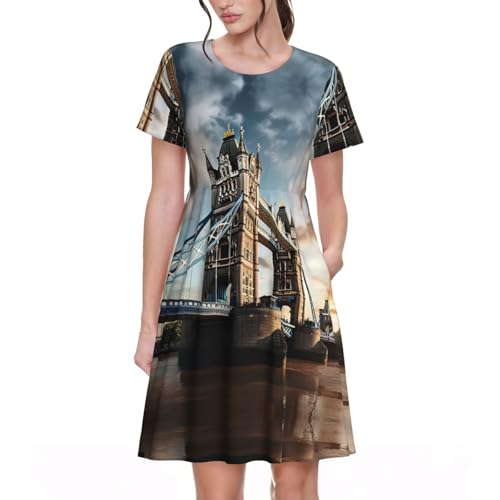 Robe d'été décontractée pour femme avec manches courtes et motif Londres midi