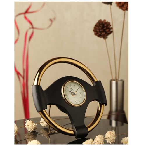 Image of Decor de Maison Brings Handcrafted Wheel Steel Table Clock for Home, Room, Office, Shelves | Classic Non-Ticking Tabletop Battery Operated Analog Desk Clock in Gold Ring & Black Body (26x3x3cm)