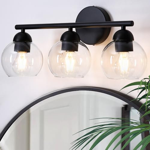 Image of 3 Light Bathroom Vanity Light, Black Vanity Light with Globe Glass Shades, Farmhouse Bathroom Light Fixtures Over Mirror, Modern Wall Lights for Bedroom Hallway, E26 Socket
