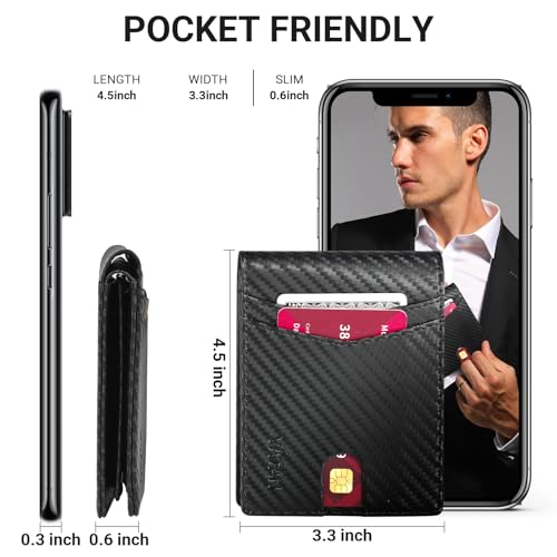 VATAN Wallet for Men, Mens Minimalist Wallet Credit Card Holder, Slim Leather Rfid 2 ID Window Large Capacity With Gift Box (Carbon Fiber Black)4