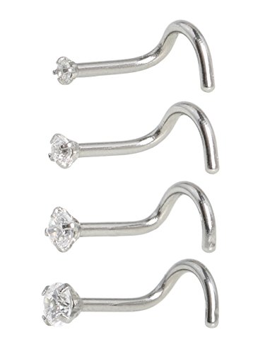 SkullParty 4 Pcs Stainless Steel Nose Rings Studs 18 Gauge Screw Shaped Curved Nose Piercing 1.5mm 2mm 2.5mm 3mm Diamond CZ Nose Stud Screw for Women Girl Piercing - Steel