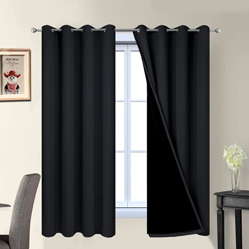 Image of Yakamok Black 100% Blackout Curtains 63 Inches Long for Bedroom 52 inch Wide | Blackout Curtain Panels for Bedroom, 2 Thick Layers Grommet Top Thermal Insulated Drapes with Black Liner for Living Room
