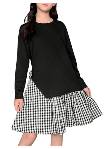 SweatyRocks Girl's Bowknot Plaid Dress Long Sleeve Crewneck Patchwork Asymmetrical A Line Dresses