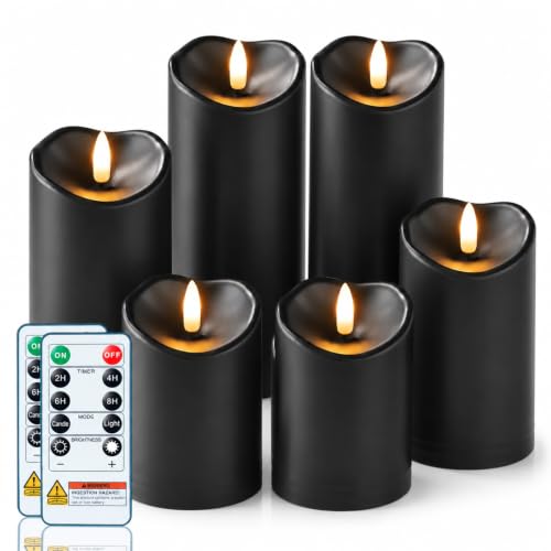 Image of Homemory Halloween Black Waterproof LED Candles with Remote Timer, Set of 6 | Flameless candles, D3 inchxH4 inch /4 inch /5 inch /6 inch /8 inch /8 inch, black plastic shell, indoor outdoor Halloween decor, porch, patio and lantern