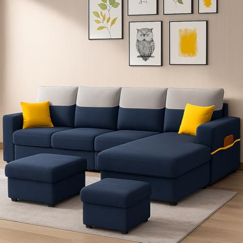 Image of Furny Tokiaa 8 Seater Fabric RHS L Shape Sofa Set with 1 Centre Table & 2 Puffy (Blue) | Soft Velvet Fabric | Modern Design | Comfortable Seating | Living Room Furniture