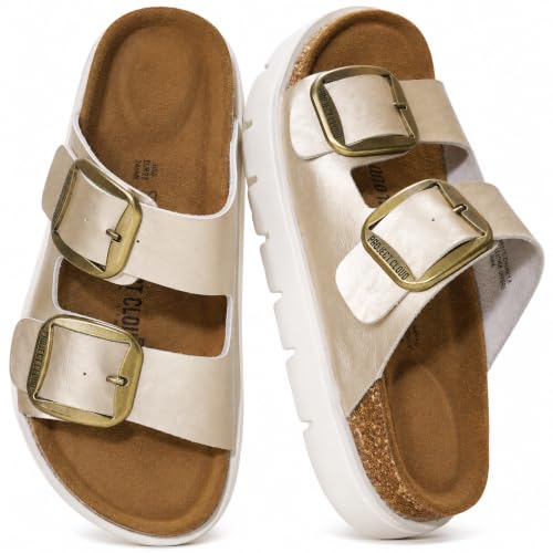 Image of Project Cloud 100% Genuine Leather Platform Sandals Women Footwear - Wedge Chunky Slides for Women 2026 with Memory Foam Insole & Cork Footbed Womens Sandals (GreeceChunky)