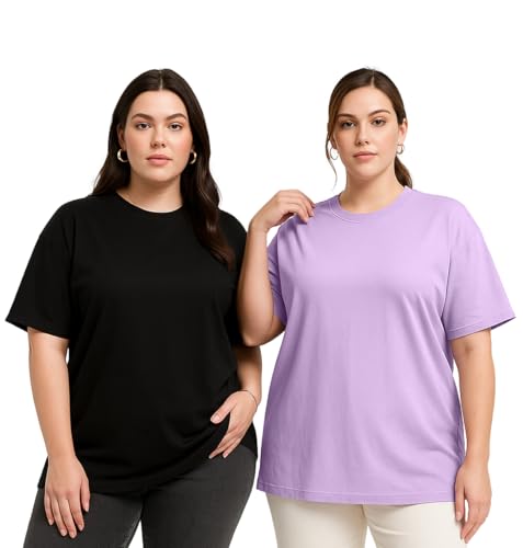 Image of JUNEBERRY 100% Pure Cotton Oversized Baggy Fit Drop Shoulder Solid Core Plus Size T-Shirt Combo for Women (Pack of 2) (Sizes from: 2XL to 5XL)