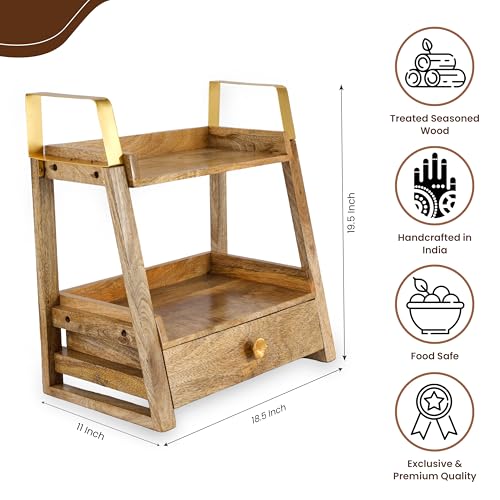 Image of Premium Handcrafted Mango Wood Shelf Organizer with Drawer, Wooden Kitchen Spice Rack, Countertop & Floor Standing Storage Cabinet, Natural Gold 47x27.8x49.5 cm