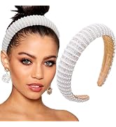 Bouory White Pearl Headbands Padded Wide Hairbands Bling Rhinestone Head Bands for Women and Girl...