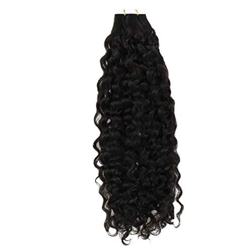 Tape in Human Hair Extensions Wavy Black Tape in Hair Extensions 16 Inch Tape in Natural Wave Hair Extensions 20pcs/pack #1B Off Black Tape on Human Hair 50g