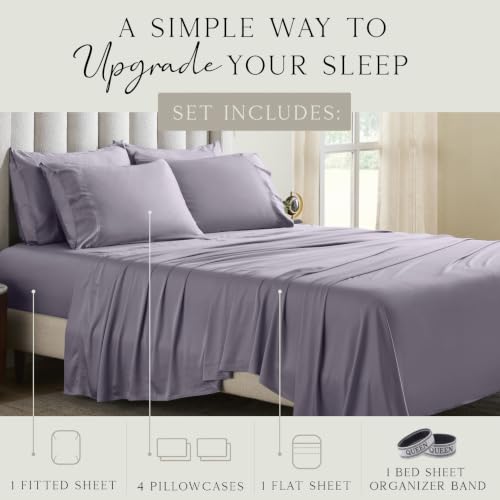Image of KARISSA MAE 6 Piece Luxury Bamboo Viscose Queen Sheet Set, 4 Pillowcases | FSC Certified | Cooling | Ultra Soft | 18 inch Deep Pockets | Elastic Corner Straps | Includes Organizer Band [Plum]