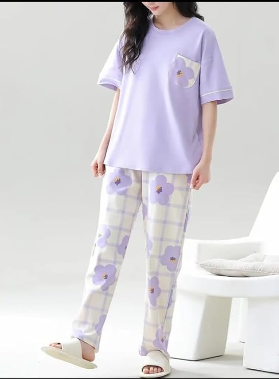 Image of LUXERUDRA Women's Pajama Set, Soft Breathable Korean Style Nightsuit with Top & Full Pants, Lightweight Loose Fit Nightwear & Loungewear for Girls & Women.