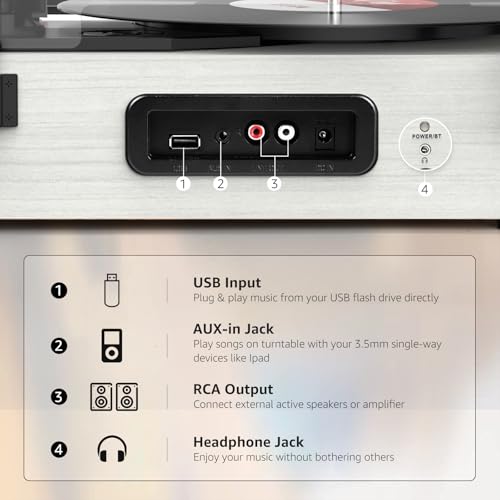 Image of Vinyl Record Player with Built-in Speakers and USB,Belt-Driven Bluetooth Turntable with 3 Speed AUX Input Headphone Jack and RCA Output Vintage Wooden White