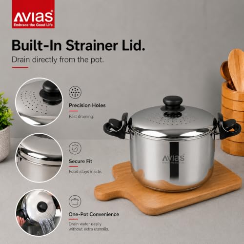 Image of AVIAS Stainless Steel Rice /Pasta Strainer Pot 3L with Built-in Strainer and Locking Lid | Triply Bottom | for Rice, Pasta, Noodles, SOYA & Vegetables | Induction & Gas Compatible