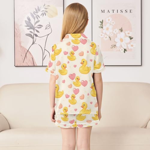 Duck Pink Hearts Pattern Summer Satin Pajama Set, Cute Button-Down Sleepwear Pj Set for Sleep Wears4