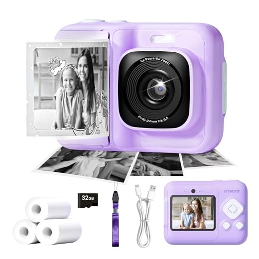 ETIKEZ Kids Camera, 1080P Instant Digital Print Camera for Kids, Christmas Birthday Gifts for 4 5 6 7 8 9 10 Year Old Girls Boys, Portable Toy with 32GB SD Card & 3 Rolls Printing Paper, Purple
