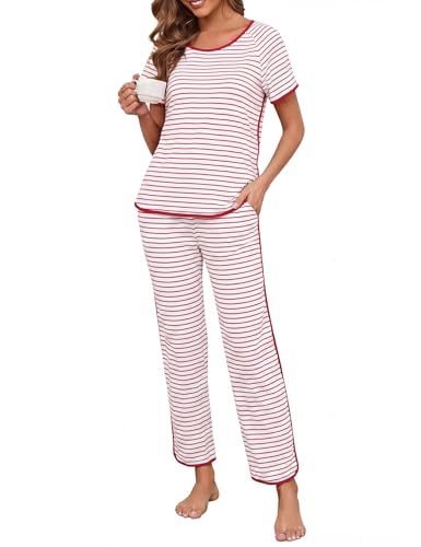 Image of Womens Pajama Sets Cotton 2 Piece Lounge Set Stripe Short Sleeve Pj Set Comfy Loungewear Sleepwear with Pockets
