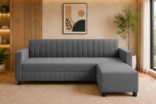 Image of 3 Seater Wooden Sofa with Ottoman | Modern Sofa Set for Living Room | Stylish Home Furniture Sofa with Comfortable Seating-Grey
