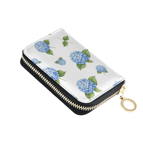 Small Wallet for Women Cute Card Holder RFID Blocking Zip Around Coin Purse Pouch with Zipper Blue Hydrangea Flowers White