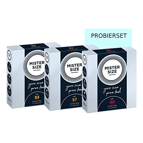 MISTER SIZE Condones muy delicados al tacto (53-57-60) 3x3 Juego de prueba/extra fino, extra húmedo/hecho de látex de caucho 100% natural de su talla M - XL