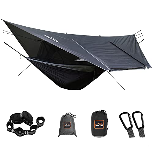 AnorTrek Camping Hammock avec moustiquaire et bâche de Pluie, hamac Double Portable avec Deux Sangles d'arbre, hamac en Nylon 210T et Ensemble bâche...