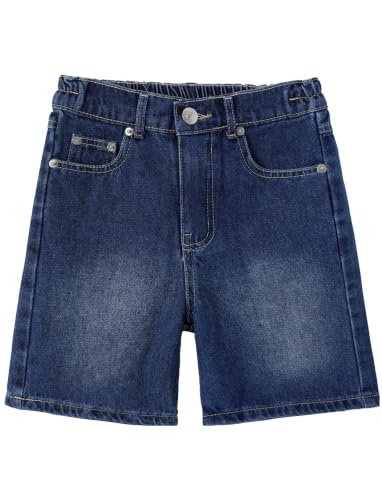 PATPAT Boys Denim Shorts Casual Mid Elastic Waist Baggy Jeans Shorts with Pockets Y2K Straight Leg Loose Jorts Dark Blue 9-10Y