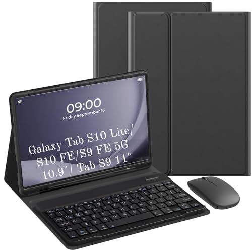 Keyboard Case for Samsung Galaxy Tab S10 Lite & S10 FE & S9 FE 10.9 inch/Tab S9 / S8 11 inch-Slim Folio Case with Pen Slot Detachable Keyboard with Mouse.-(Black)