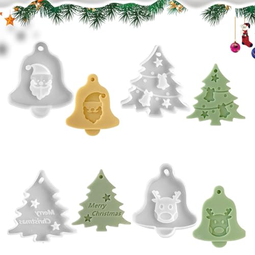 Moldes para Velas, 4 Piezas Moldes de Silicona para Velas, Árbol de Navidad, Campana, Ciervo, Molde Silicona Navidad para Velas y Yeso DIY Decoración, Navideña Artesanía