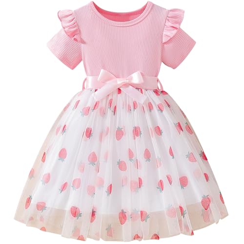 Girls Casual Tulle Tutu Dress Baby Toddler Ruffle Short Sleeves Crewneck Bow Princess Party Dresses