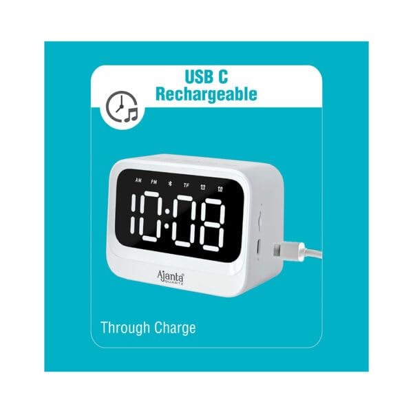 Image of Ajanta Digital Alarm Clock Bluetooth Speaker with LED Display, Bluetooth 5.3, Dual Alarm, TF Card Support, Built-in Mic, Type-C Rechargeable, Auto Time Sync, 8 Hour Playtime (White.)