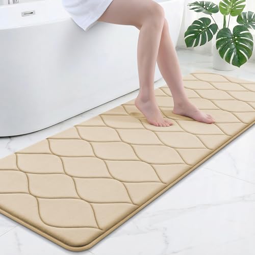 Image of Smiry Memory Foam Bath Mat 70x24, Ultra Soft Absorbent Bathroom Rugs | Beige, Plush Quick Dry and Machine Washable Cushion Bath Mats for Bathroom, Shower, Tub & Home Decor